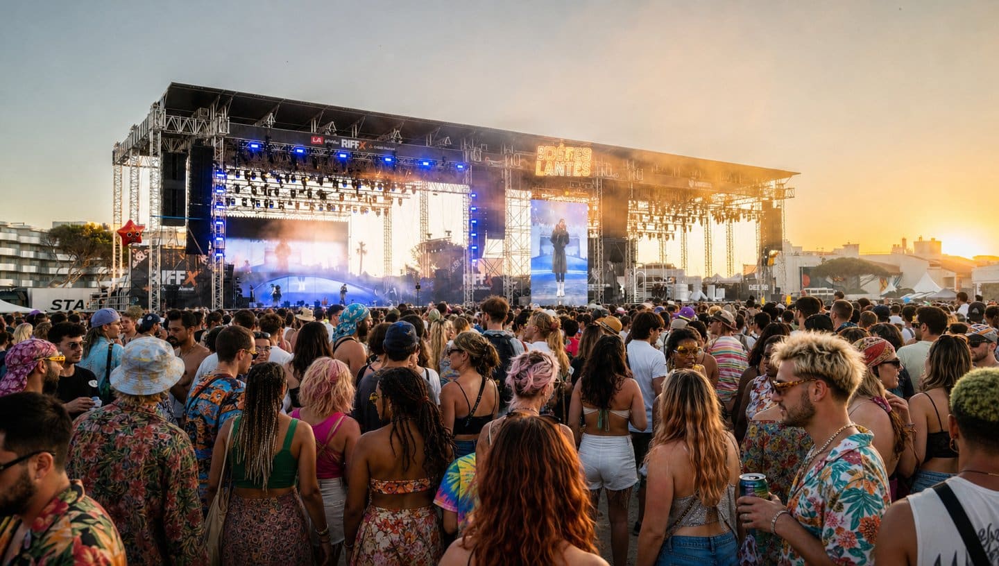 Scène du festival Les Déferlantes face au public au coucher du soleil, au Barcarès